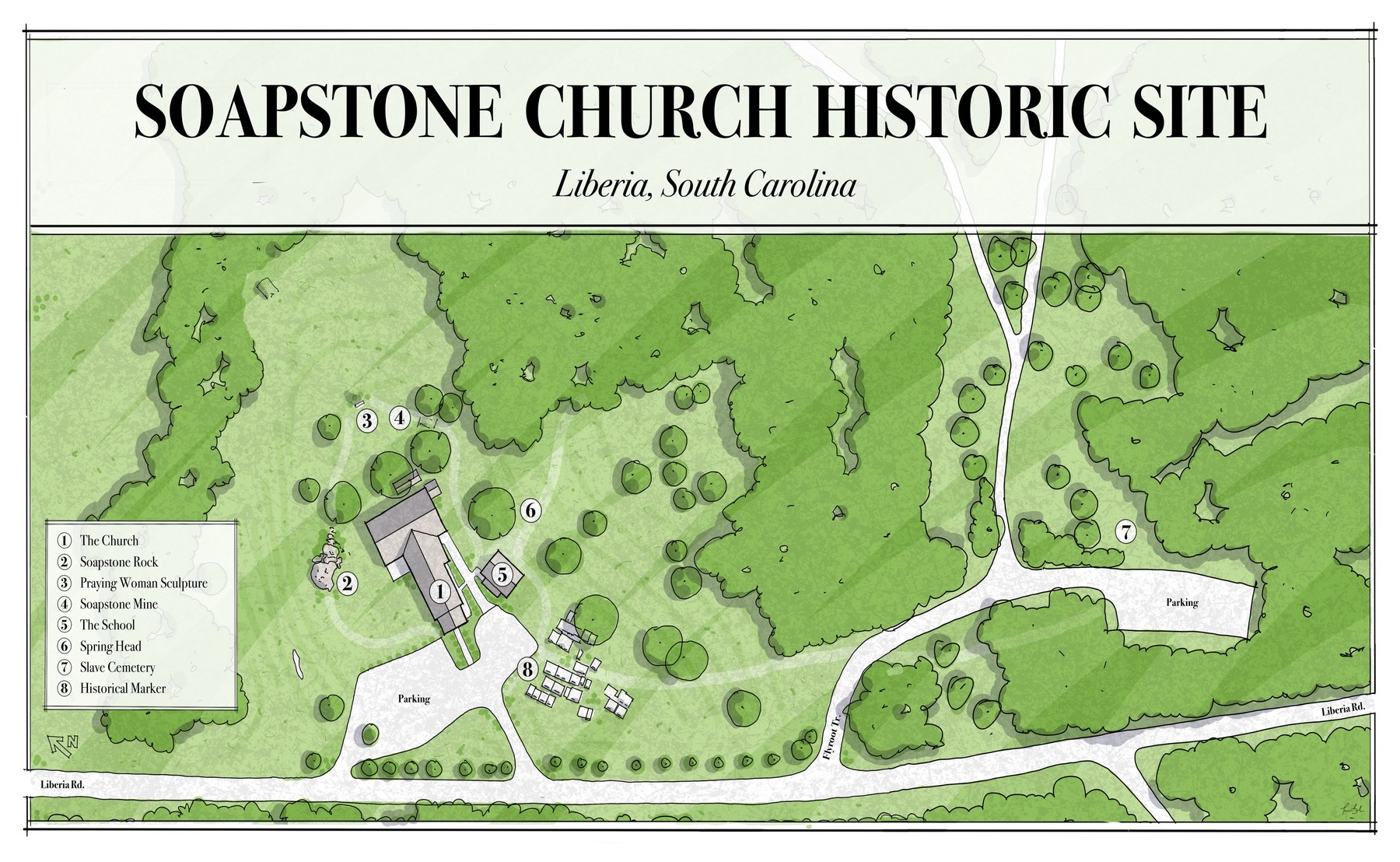 Illustrated map of the Soapstone Church historic site in Liberia, South Carolina, showing the church, parking areas, wooded grounds, Liberia Road and Flyroot Trail, with the eight tour stops marked and numbered.