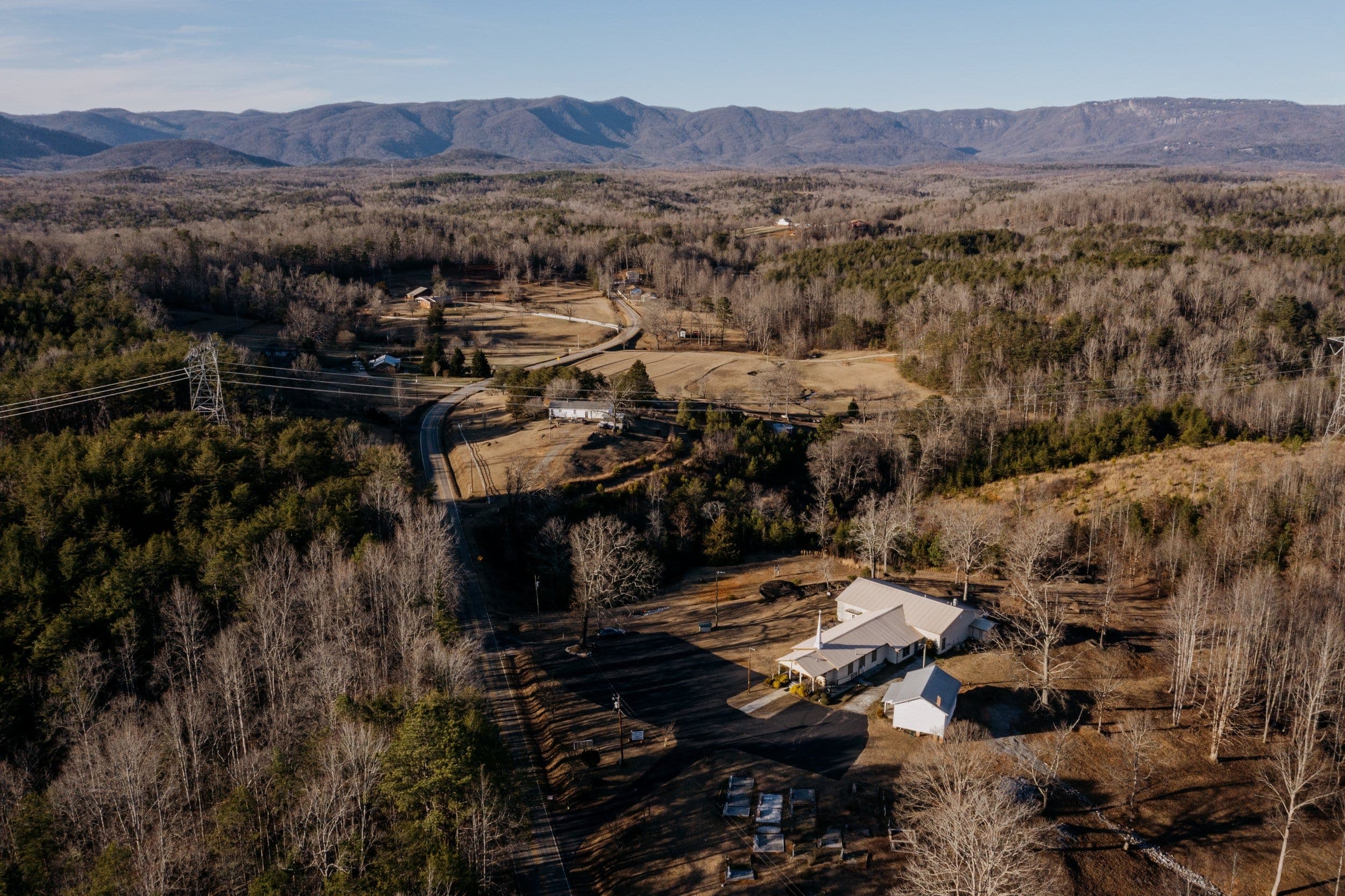 Aerial drone view of the Soapstone Baptist Church grounds on the hilltop in Pickens County, South Carolina